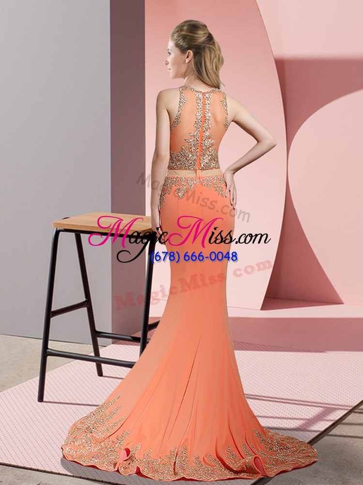 wholesale fantastic yellow green mermaid high-neck sleeveless satin sweep train zipper beading and appliques prom gown