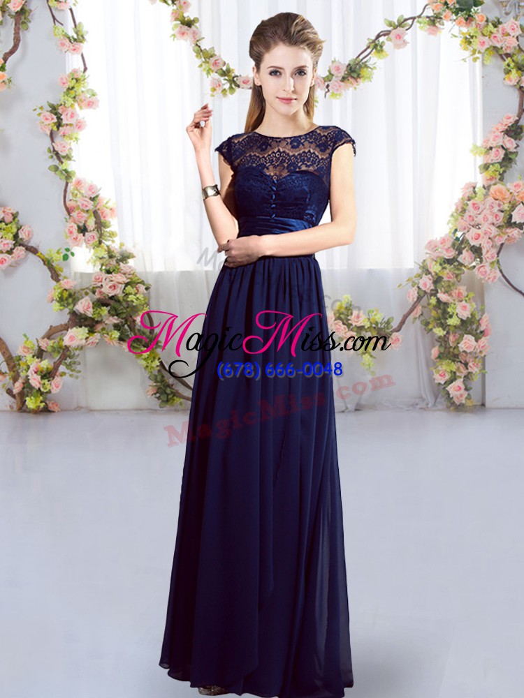 wholesale elegant navy blue cap sleeves lace and belt floor length court dresses for sweet 16