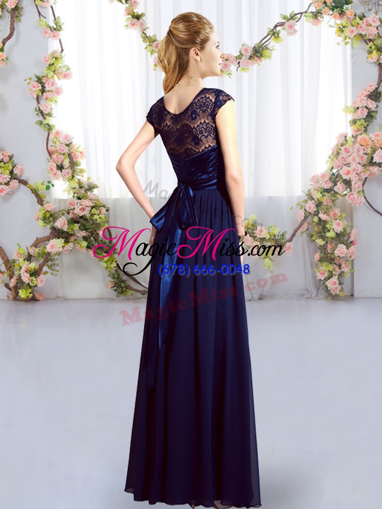 wholesale elegant navy blue cap sleeves lace and belt floor length court dresses for sweet 16