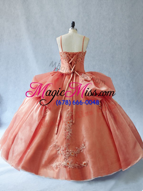 wholesale extravagant rust red organza lace up straps sleeveless floor length sweet 16 dress appliques