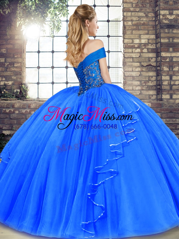 wholesale off the shoulder sleeveless tulle quinceanera gowns beading and ruffles lace up