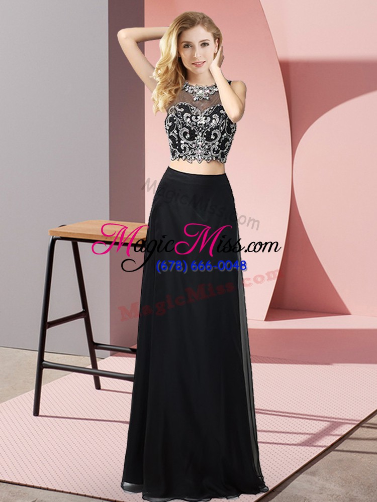 wholesale floor length black prom dress chiffon sleeveless beading