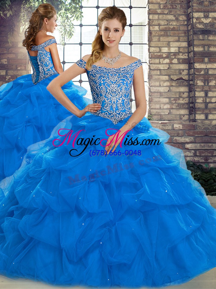wholesale best off the shoulder sleeveless quinceanera dresses brush train beading and pick ups blue tulle
