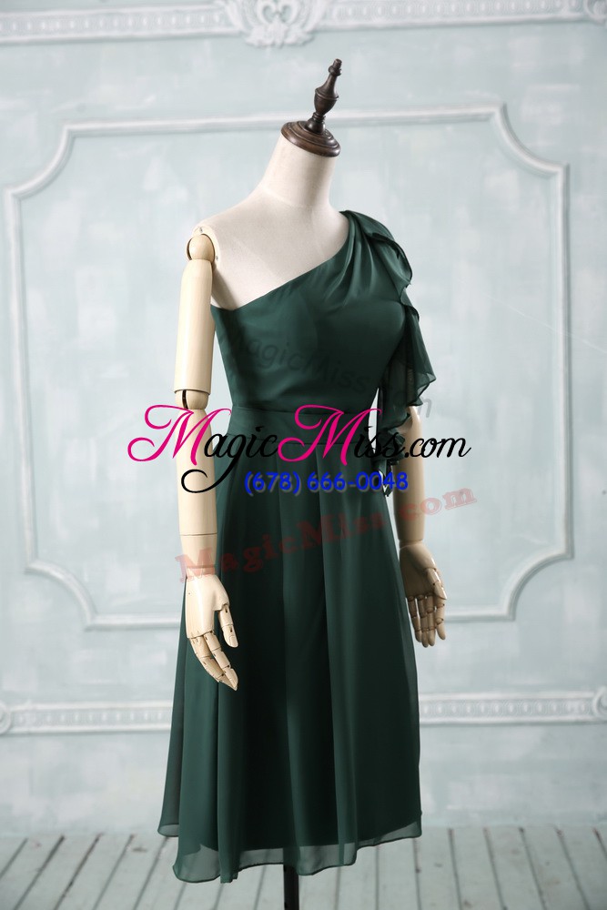 wholesale custom designed peacock green one shoulder zipper ruching prom gown sleeveless