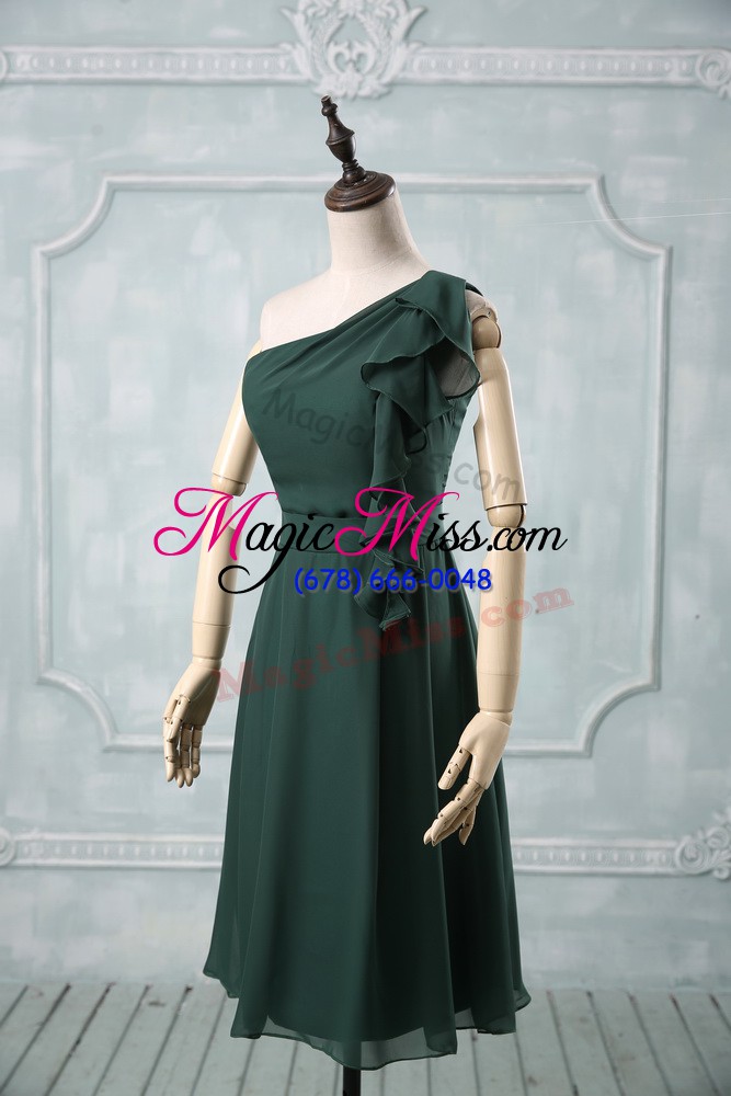 wholesale custom designed peacock green one shoulder zipper ruching prom gown sleeveless
