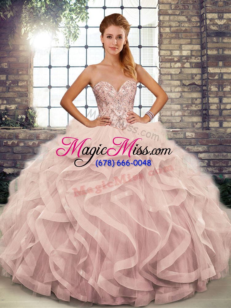wholesale pink lace up sweetheart beading and ruffles ball gown prom dress tulle sleeveless