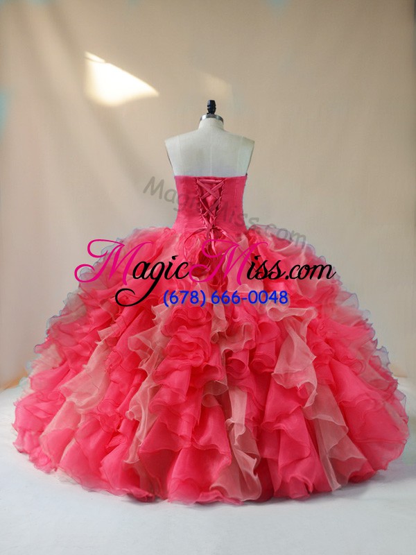 wholesale modest multi-color lace up sweet 16 dress beading and ruffles sleeveless floor length