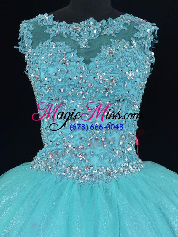 wholesale charming aqua blue sleeveless beading and lace floor length ball gown prom dress