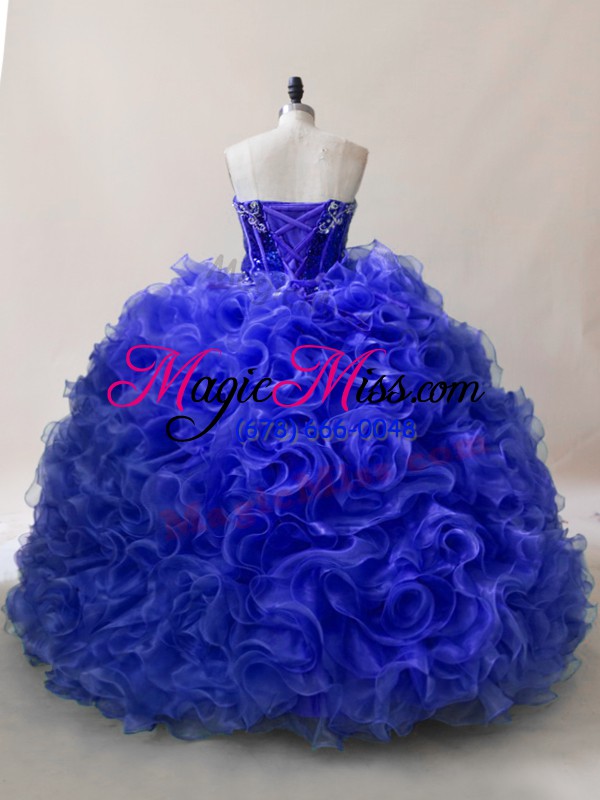 wholesale designer sweetheart sleeveless sweet 16 dresses floor length ruffles and sequins royal blue fabric with rolling flowers