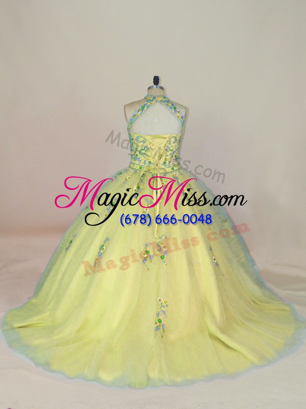 wholesale designer sleeveless brush train appliques and embroidery lace up quinceanera dress