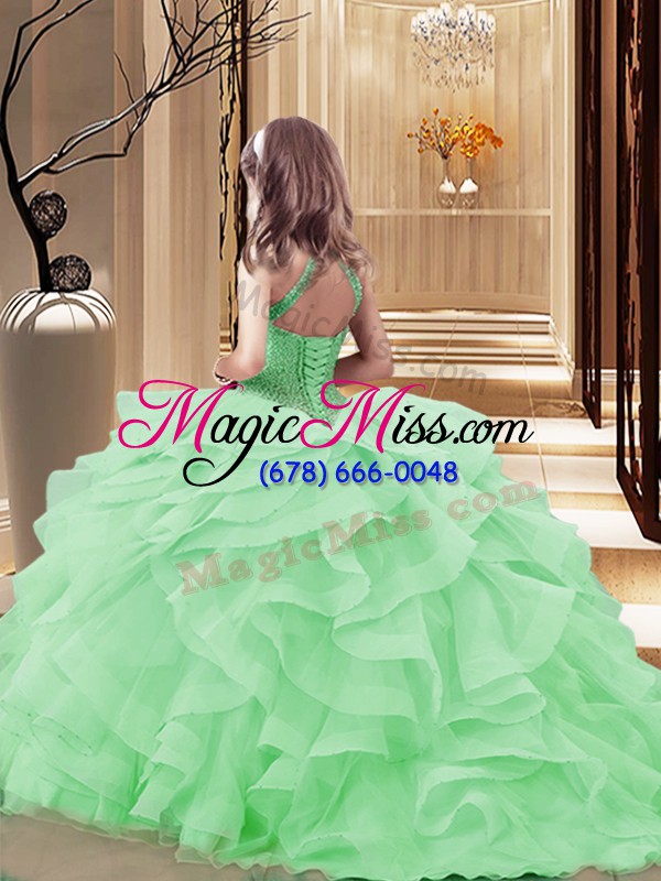 wholesale light yellow lace up high-neck beading and ruffles little girls pageant gowns tulle sleeveless brush train