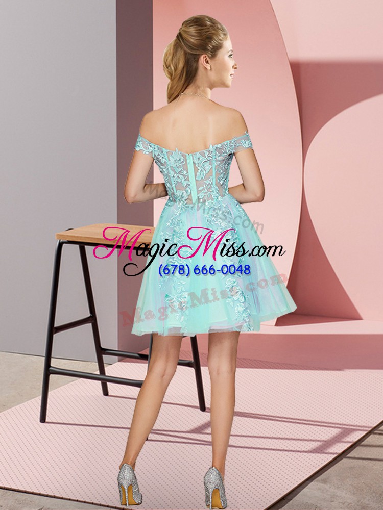 wholesale tulle off the shoulder sleeveless zipper lace dama dress for quinceanera in aqua blue