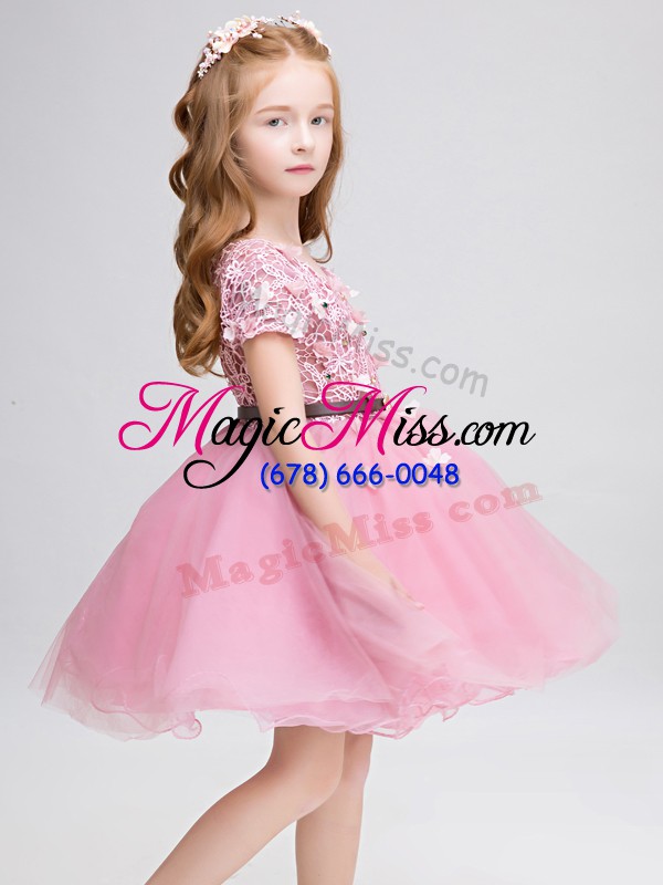 wholesale noble mini length pink flower girl dress scoop short sleeves lace up