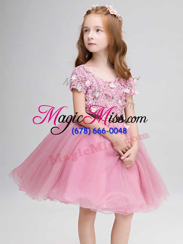wholesale noble mini length pink flower girl dress scoop short sleeves lace up