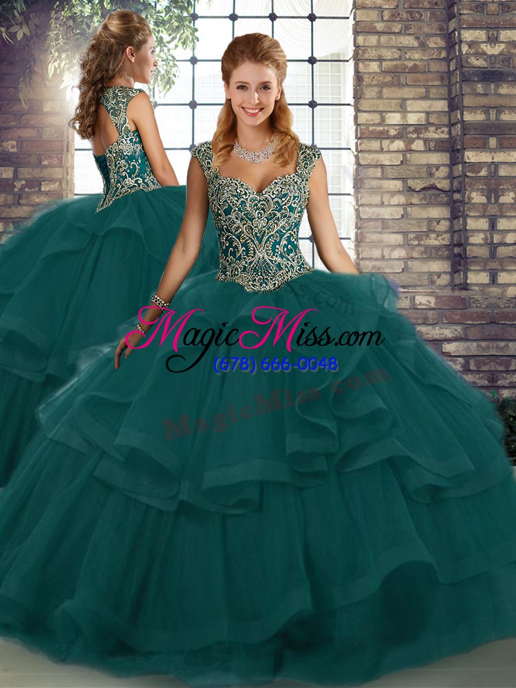 wholesale flare floor length peacock green quinceanera dresses straps sleeveless lace up