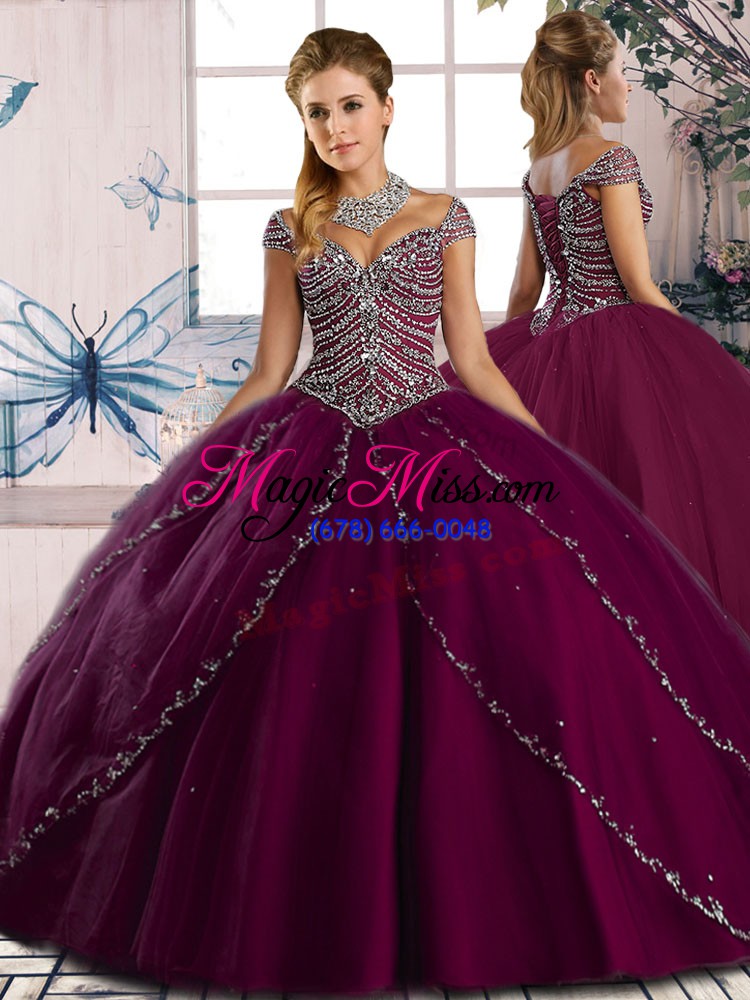 wholesale cap sleeves beading lace up ball gown prom dress with purple brush train