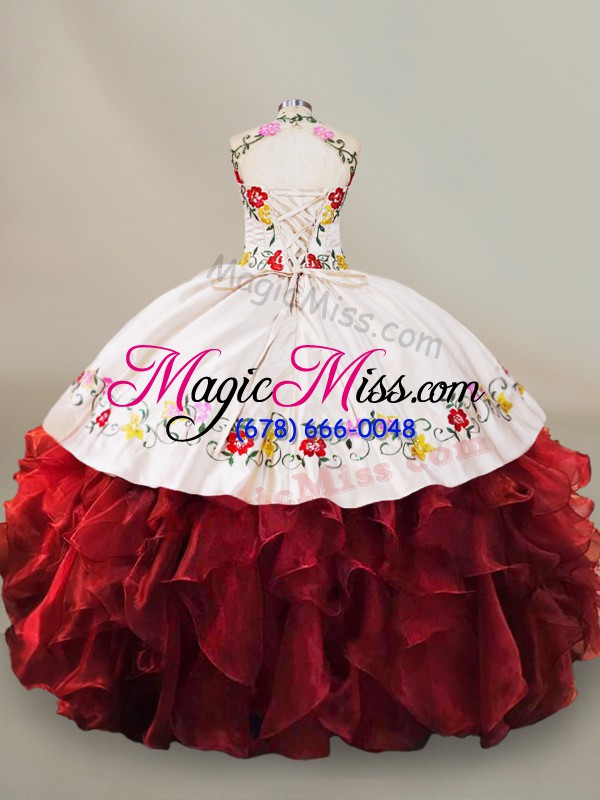 wholesale amazing red lace up halter top embroidery and ruffles quinceanera gown organza sleeveless