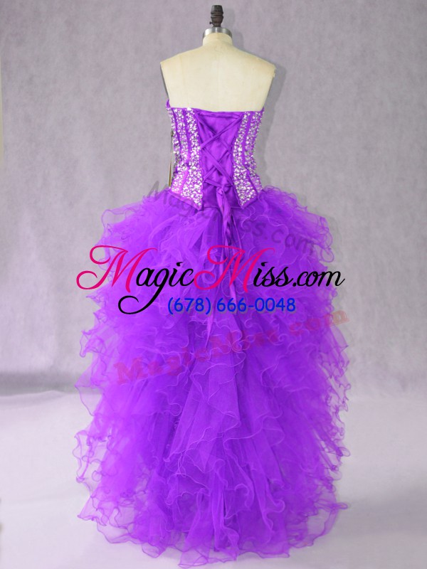 wholesale perfect purple a-line beading and ruffles dress for prom lace up organza sleeveless high low