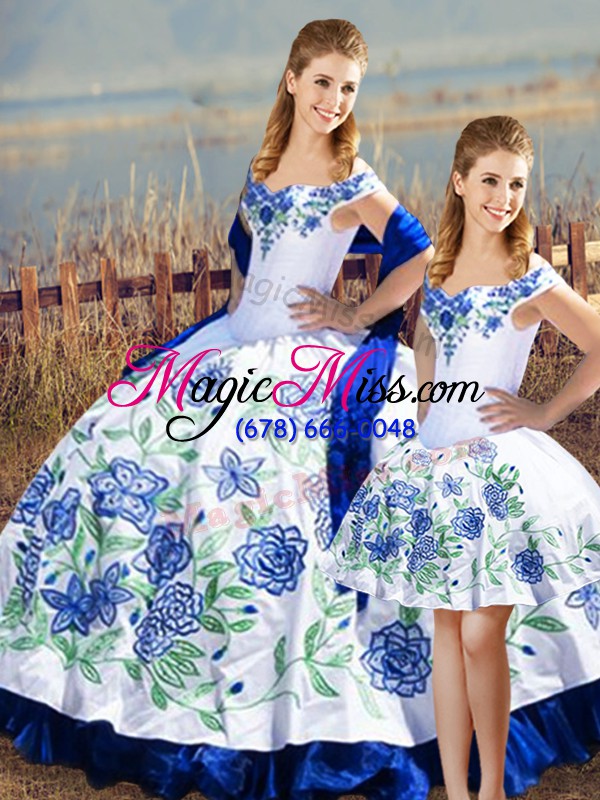 wholesale custom design blue and white lace up sweet 16 quinceanera dress embroidery and ruffles sleeveless floor length