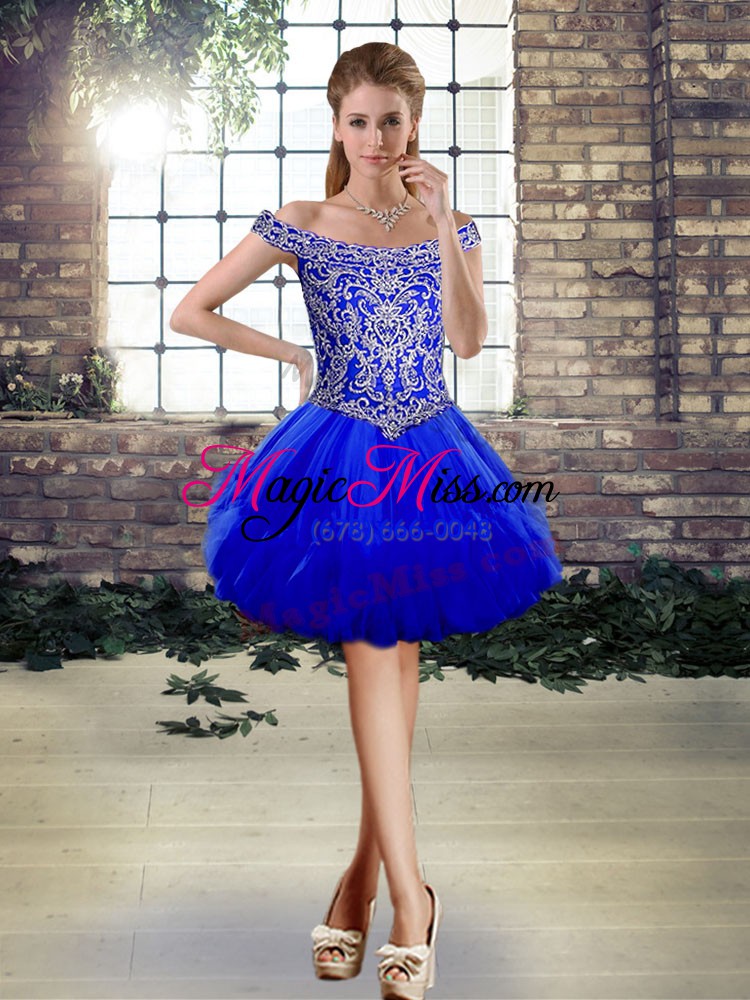 wholesale royal blue off the shoulder neckline beading and ruffles vestidos de quinceanera sleeveless lace up