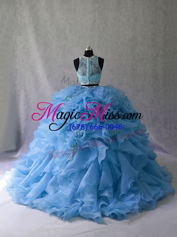 wholesale cute blue two pieces scoop sleeveless organza brush train zipper beading and ruffles quinceanera dress