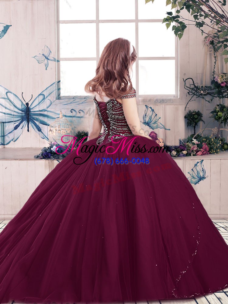 wholesale ball gowns girls pageant dresses wine red spaghetti straps tulle sleeveless floor length lace up