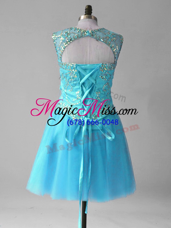 wholesale mini length lace up evening dress aqua blue for prom and party with beading and sequins