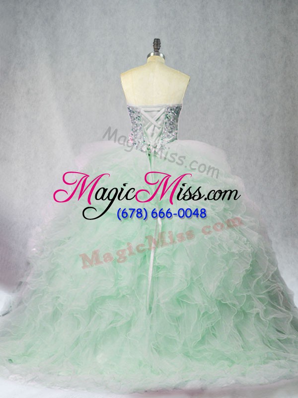 wholesale sleeveless tulle brush train lace up sweet 16 dress in apple green with beading and ruffles