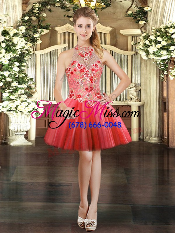 wholesale nice embroidery ball gown prom dress red lace up sleeveless floor length