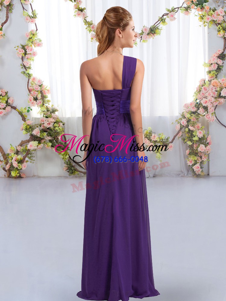 wholesale floor length lace up wedding guest dresses purple for wedding party with ruching
