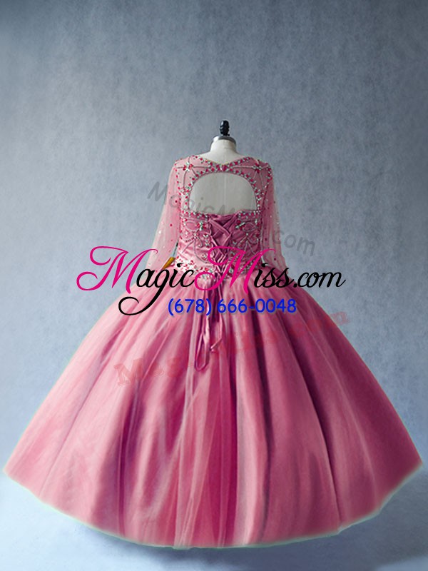 wholesale ball gowns quinceanera gown pink scoop tulle long sleeves floor length lace up