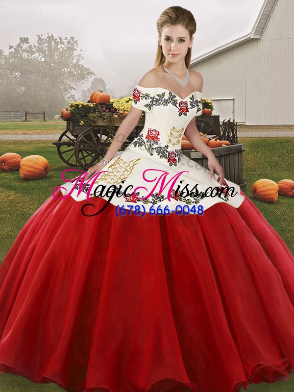wholesale embroidery sweet 16 dresses white and red lace up sleeveless floor length