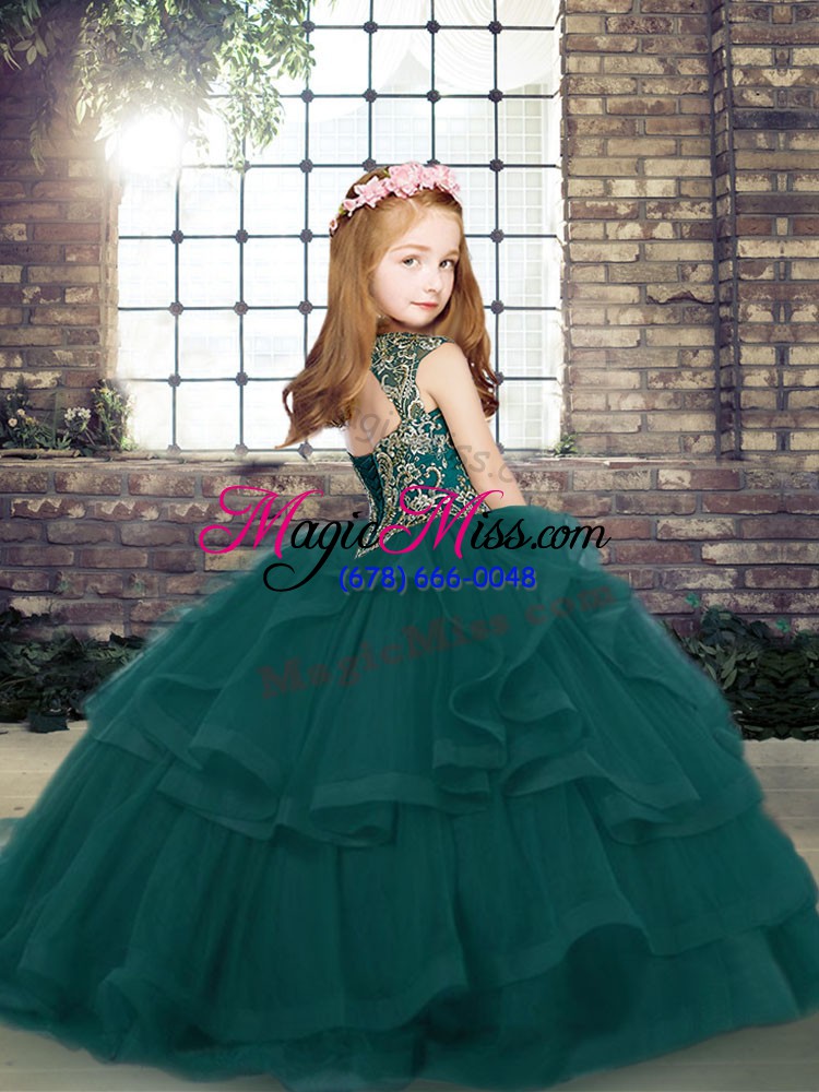 wholesale olive green lace up pageant dresses beading and ruffles sleeveless floor length