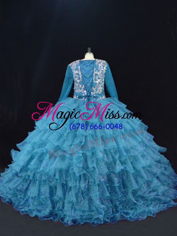 wholesale elegant teal lace up v-neck beading and ruffled layers quinceanera gowns organza long sleeves