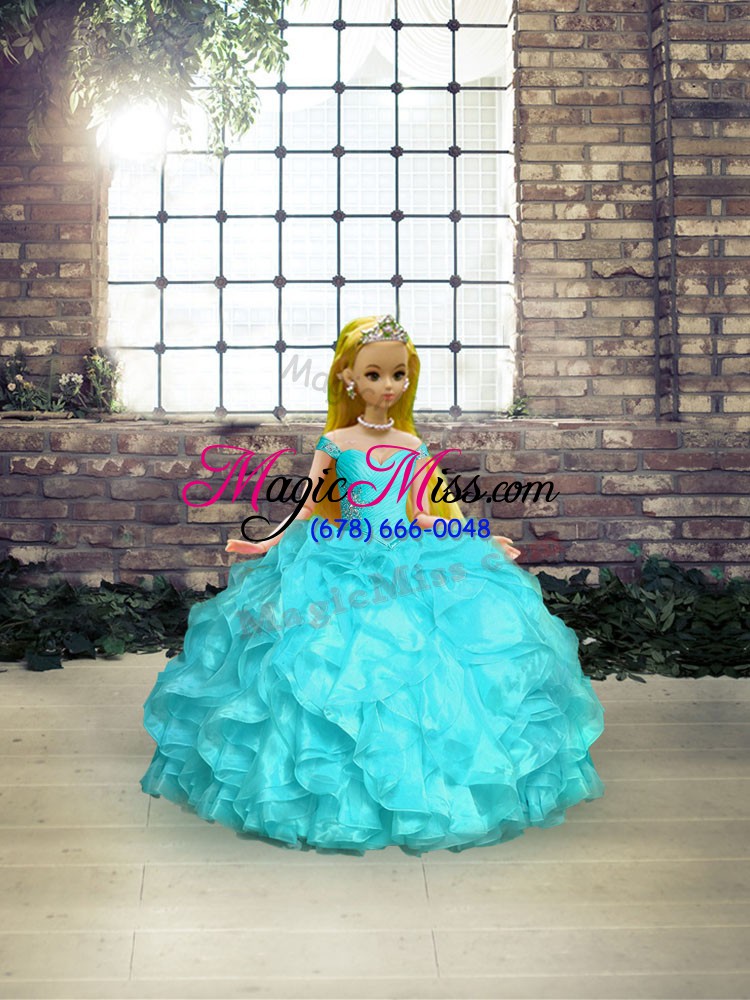 wholesale aqua blue organza lace up quinceanera gowns sleeveless floor length beading and ruffles
