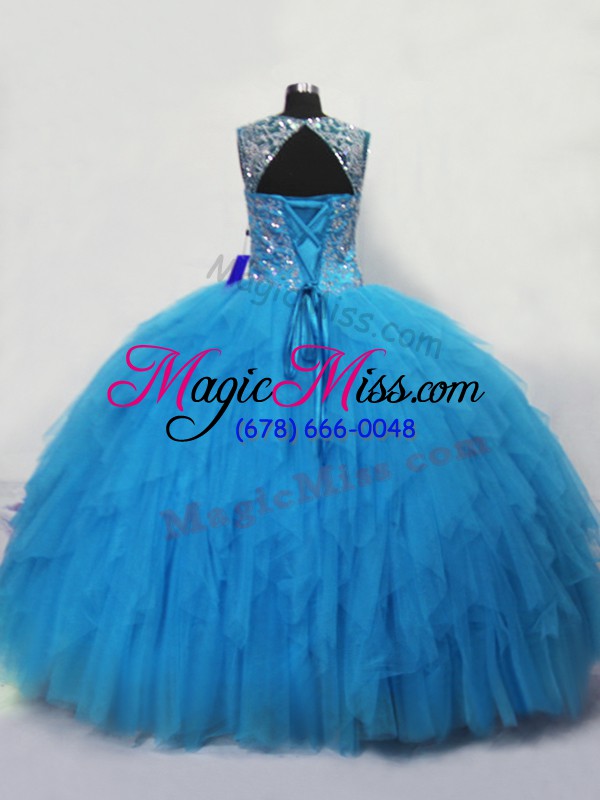 wholesale customized blue sleeveless beading and ruffles floor length quinceanera gown