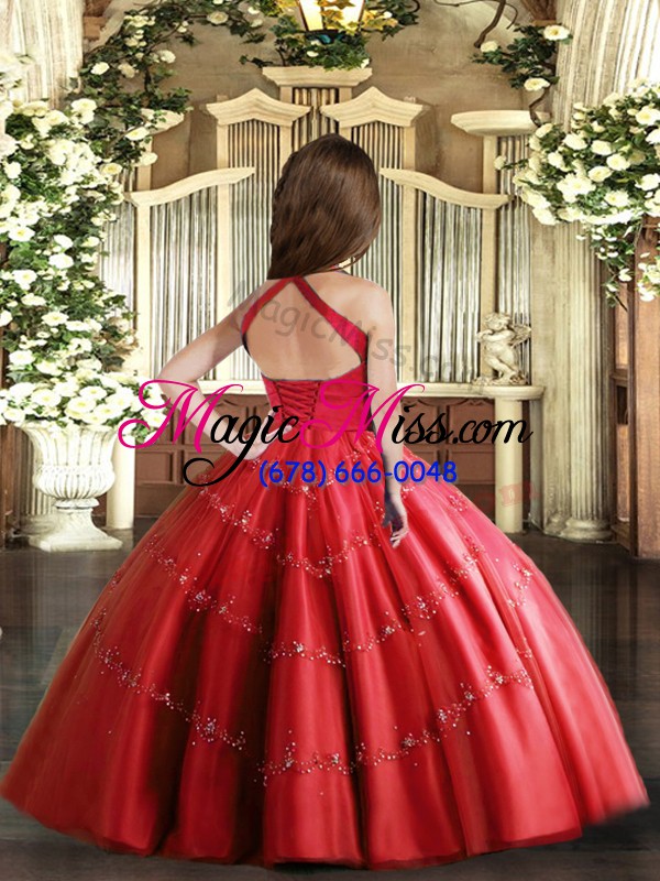 wholesale fuchsia ball gowns tulle straps sleeveless beading floor length lace up girls pageant dresses