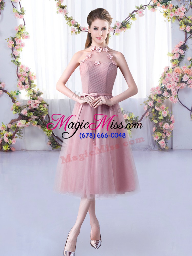 wholesale luxurious pink tulle lace up halter top sleeveless tea length wedding guest dresses appliques and belt