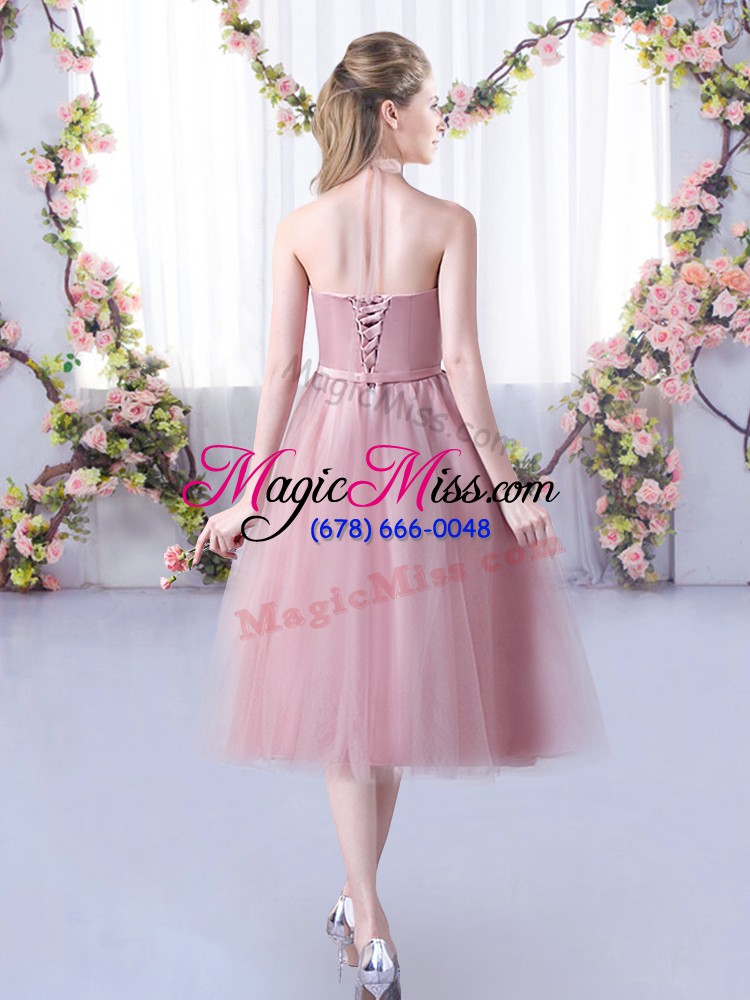 wholesale luxurious pink tulle lace up halter top sleeveless tea length wedding guest dresses appliques and belt