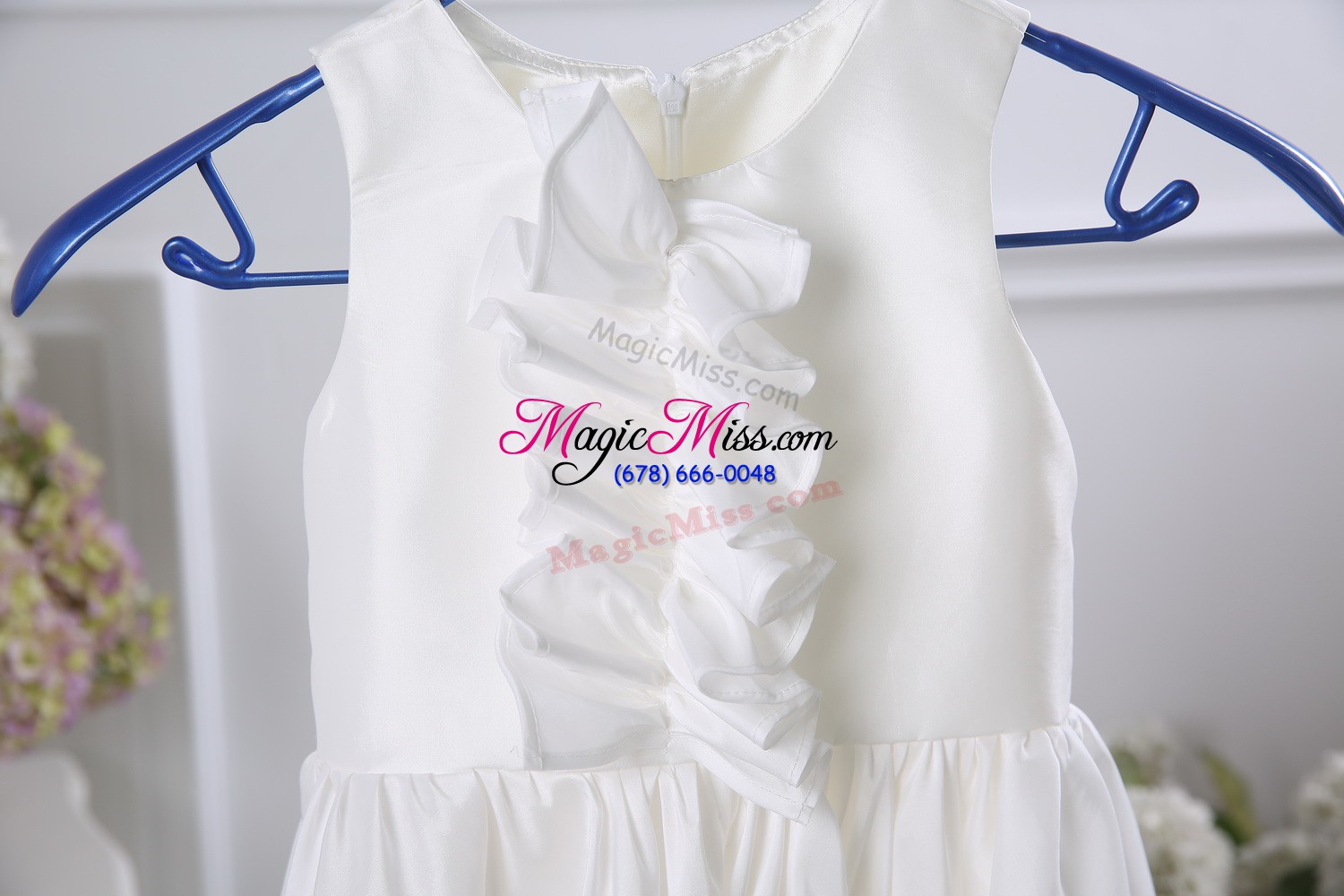 wholesale sleeveless satin tea length zipper toddler flower girl dress in white with ruffles