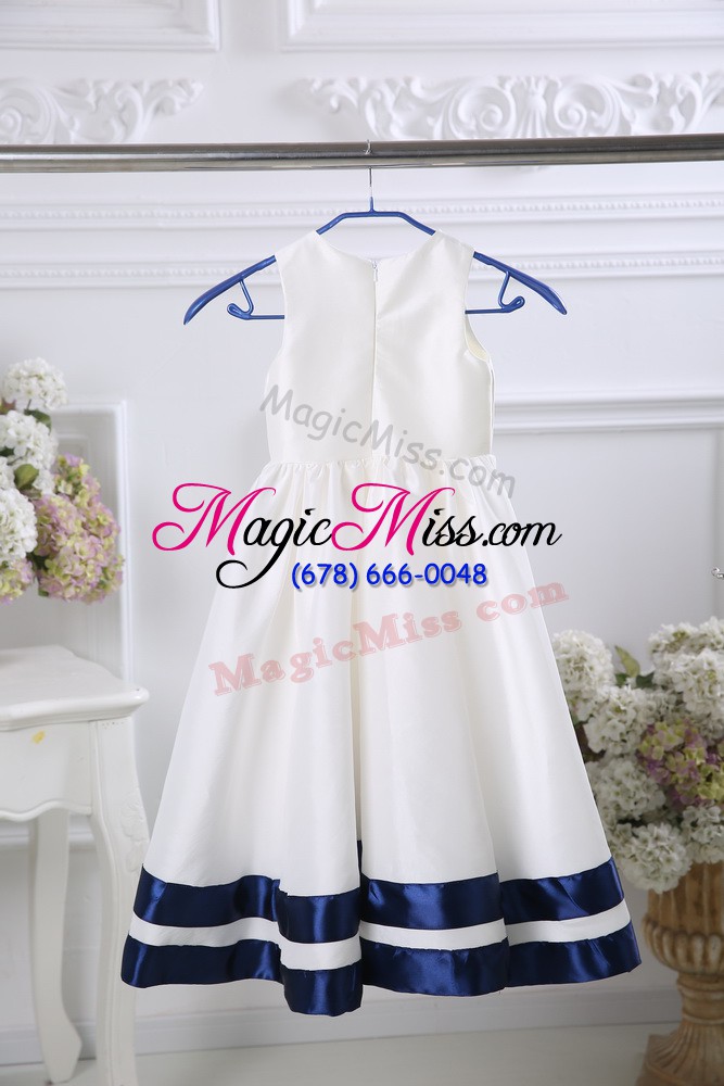 wholesale sleeveless satin tea length zipper toddler flower girl dress in white with ruffles
