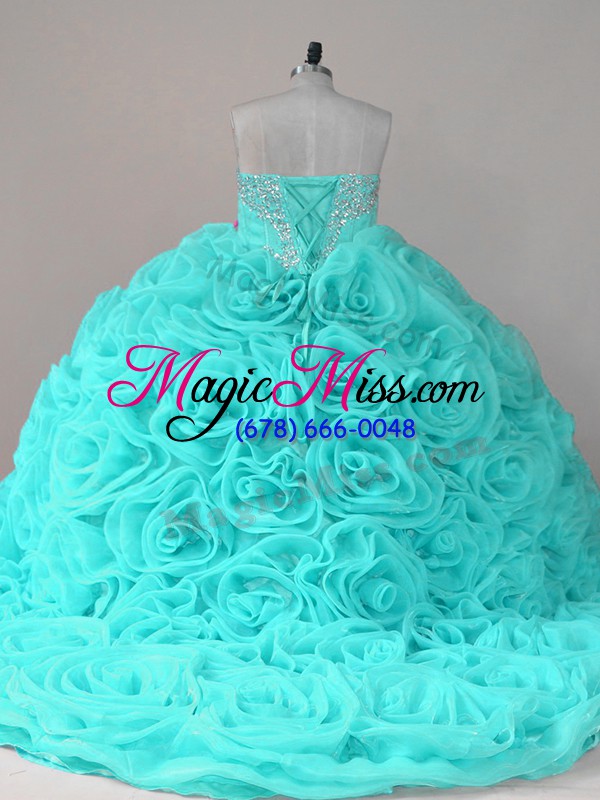 wholesale enchanting aqua blue ball gowns beading sweet 16 dress lace up fabric with rolling flowers sleeveless