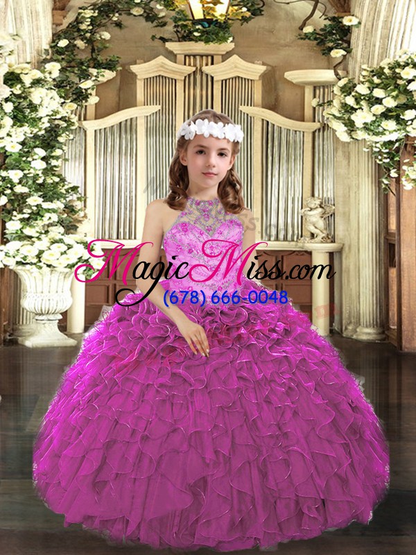 wholesale new style fuchsia halter top lace up beading and ruffles kids formal wear sleeveless