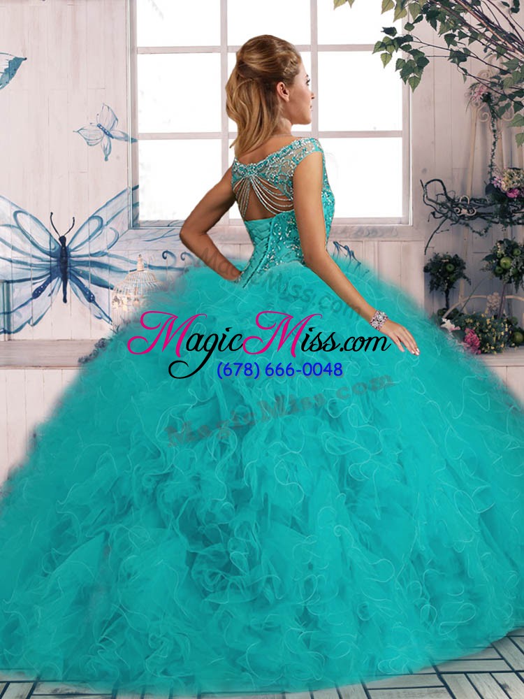 wholesale fuchsia tulle lace up quinceanera gowns sleeveless brush train beading and ruffles