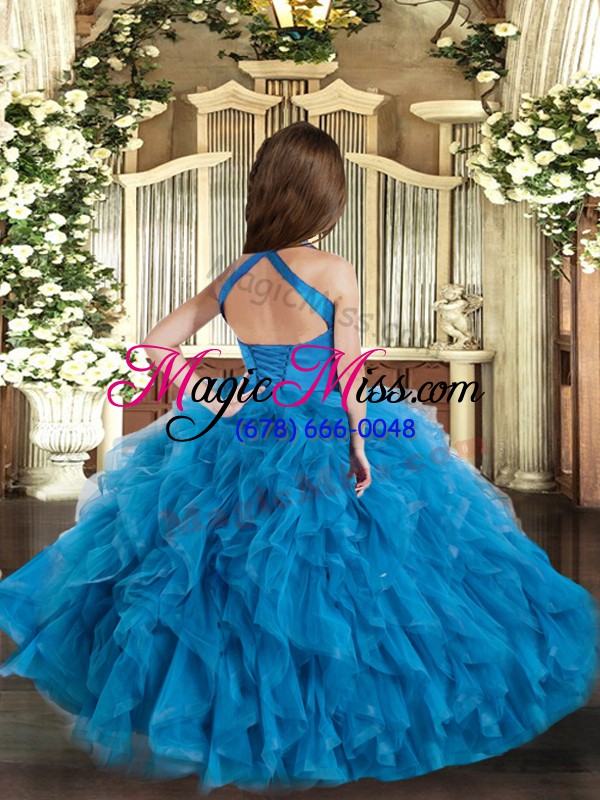 wholesale affordable ruffles pageant gowns for girls blue lace up sleeveless floor length