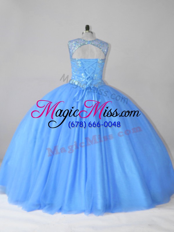 wholesale blue tulle lace up sweet 16 dress sleeveless floor length beading