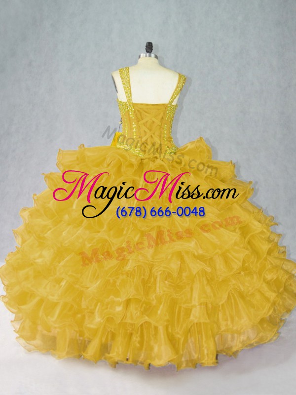 wholesale comfortable gold ball gowns straps sleeveless organza floor length lace up beading and ruffles quinceanera gown