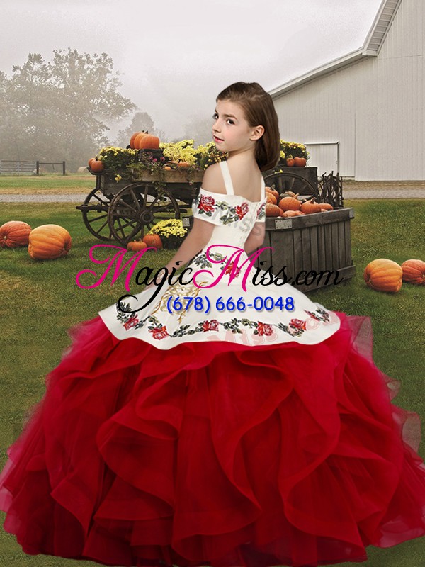 wholesale straps sleeveless little girls pageant gowns floor length embroidery and ruffles olive green organza