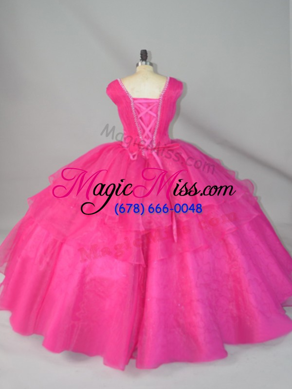 wholesale hot pink organza lace up straps sleeveless floor length quinceanera gown beading