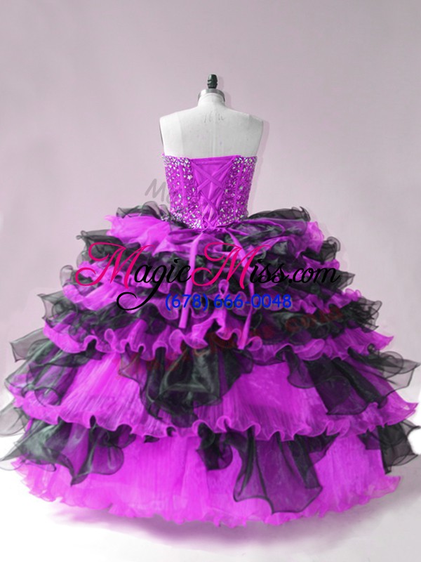 wholesale high end floor length black and purple sweet 16 dress organza sleeveless beading and ruffled layers